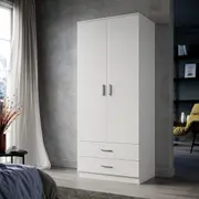 ELEGANT Cabinet Wardrobe Clothes Rack Bedroom Storage Organiser 2 Door 2 Drawers 180cm White Wooden
