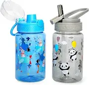 Home Tune 16oz Kids Water Drinking Bottle - Tritan BPA Free, Flip Straw Lid, Wide Mouth, Carry Loop, Lightweight, Leak-Proof Water Bottle Cute Design for Girls & Boys - 2 Pack Panda & Airplane