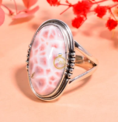 Pink Larimar Ring Natrolite Gemstone 925 Sterling Silver Statement Boho Rings