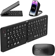 Mini Foldable Wireless Keyboard, Portable Bluetooth Keyboard with Holder, Pocket-Sized & Ultra-Slim & USB-C Rechargeable Travel Keyboard for Android Windows iOS, Black (Keyboard+Mouse)