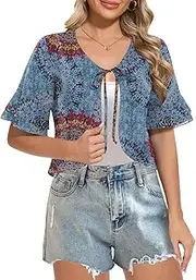 [Leafsay] Women Shrug Chiffon Bolero Ruffle Short Sleeve Summer Tie Front Sheer Cardigans for Dresses