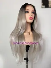 Ash Sandy Dirty Blonde Wig Ombré Wavy Lace Frontal Free Part 24 Inch Long