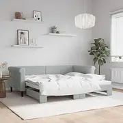 Light Grey Daybed with Trundle, 90x190 cm, Velvet Upholstered Sofa Bed Frame - Modern Design for Bedroom, Sturdy Wood & Metal Base, 2-in-1 Guest Bed (Mattress Not Included)