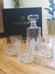 ELIDOMC Italian Crafted Crystal Whiskey Decanter & Whiskey Glasses, 5pc Set. NEW