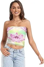 [RPLIFE] Beautiful Pink Lotus Flower Tube Crop Tops for Women, Sexy Tube Tops, Sheer Tube Tops, Tube Tops Summer (S)
