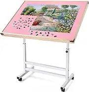 Vasitelan Pink Wooden Jigsaw Puzzle Table with Wheels,Adjustable Height Puzzle Table with Metal Legs,Tilting Folding Jigsaw Puzzle Boards Fit for 500-1500 Pieces Puzzles
