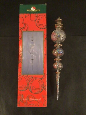 VTG KURT S ALDER BLOWN CLEAR GLASS 13” GOLD TRIPLE BALL ICICLE XMAS ORNAMENT BOX