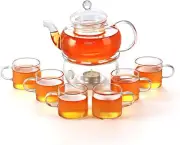 27oz Glass Teapot Set Stovetop Tea Infuser Maker w/ Candle Warmer and 6 Teacups
