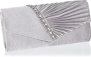 [Damara] Womens Pleated Crystal-Studded Satin Handbag Evening Clutch Silver Size: Large