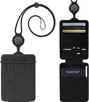 [BONE] Lanyard Passport Holder Cover Case Travel Wallet Comes with Stainless Pen and SIM Pin Anti-Skimming Passport Wallet for Family with Card Slots Adjustable Silicone with Genuine Leather- Black