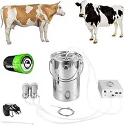7L Cow Electric Milking Machine, Automatic Rechargeable Battery Powered Pulsation Vacuum Pump with 2 Teat Cups Stainless Steel Bucket for Goat(Battery Model)