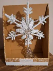 Snowflake Star Holiday Tree Topper White Beads Crystal Center Coil Base
