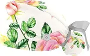 [WOSHJIUK] Working Hat 2 Pack Scrub Caps for Women,Floral Plant Leaf Rose,Tie Back Cap Adjustable Scrub Hat