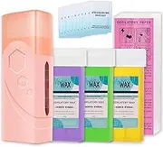 Roll on Wax Kit, Waxing Kit for Women and Men, Roll On Wax Warmer for Hair Removal, Wax Roller Kit for All Skin Types, Soft Wax Heater with 3 Pcs Wax Cartridges & 100 Pcs Wax Strips (Pink Square)