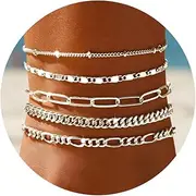 [Gokeey] Sterling Silver Ankle Bracelet for Women Girls Dainty Link Paperclip Cuban Stake Adjustable Layered Silver Anklet Set Fashion Jewelry Gifts