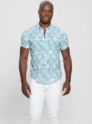 GUESS Eco Blue Watercolor Rayon Shirt Size: XS, Viscose Rayon