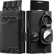 [VULKIT] Airtag Wallet with Keyring Leather Mens Pop up Credit Card Wallet with Air Tag Holder Trifold ID Window RFID Blocking（New-Black）