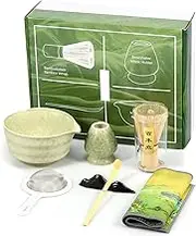 7Pcs Japanese Matcha Tea Set, Matcha Bowl, Matcha Bamboo Whisk, Scoop, Sifter, Matcha Whisk Holder, Matcha Making Starter Kit, Japanese Tea Making Tools for Matcha Tea (Matcha Green)