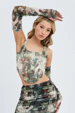 Red Print Corset & Long Sleeve Set Scoop Neck Mesh - Size XXS, Women's Top