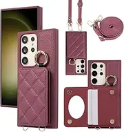 YDIJCYAN Wallet for Samsung Galaxy S23 Ultra Case with Adjustable Lanyard Strap Credit Card Holder PU Leather Handbag Purse Kickstand Make Up Mirror Cover Case,Wine red