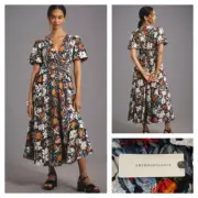 Anthropologie The Katerina Button Front Dress Black Motif Small NWT $178