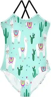 [RPLIFE] Whimsical Adorable Llamas Aqua Blue Girls One Piece Swimsuit with Adjustable Shoulder Strap, Beach Swimsuit Girls, 3-10