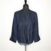 Eileen Fisher ink navy blue Irish linen silk trim open front jacket Small NWT