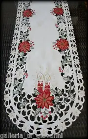 Table Runner Christmas 70" Lace Doily Poinsettia Red Candle Metallic Gold