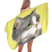 Cat Prints Adorable Grey Kitten over Yellow Microfiber Beach Towel