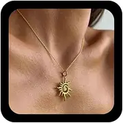[Vacaonio] Boho Spiral Sun Pendant Necklace Gold Sunburst Choker Necklace Metal Sun Necklace Dainty Sunshine Necklace Chain Celestial Sun Chain Necklace Jewelry For Women