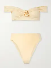 [Maygel Coronel] Maygel Coronel - Sauco Off-the-shoulder Appliquéd Ruched Bikini - Pastel yellow - Extended Extended Yellow