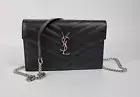 SAINT LAURENT Cassandre Envelope Black/Silver Grained Leather Chain Wallet New