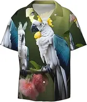 [EdWal] Beautiful Cockatoo Bird Flower Print Men's Print T Shirts Short Sleeve Polo Shirts Casual Summer Beach Shirt for Men