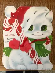 Christmas Card White Kitten SNOWBALL Norcross Mittens Candy Cane UNUSED Glitter