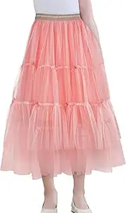 [SEAUR] Girls' Tulle A-line Mesh Long Tutu Skirts Casual Elastic High Waist Layered Skirt Party Princess Skirt
