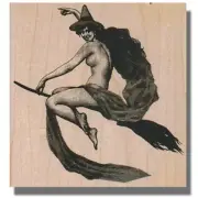Flying Witch RUBBER STAMP, Halloween Stamp, Witch Hat Halloween Broom Nude Lady