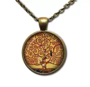 Gustav Klimt Tree of Life Vintage Art - Handmade ROUND Glass Pendant Necklace