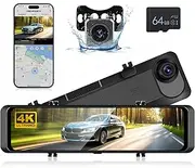 4K HD Dash Cam for Car, WIFI & App Control Dual Dashcam with Card, Hodozzy 11.26 Inch IPS Touch Screen Dash Camera,Dashcam with G Sensor, 24-Hour Parking Monitor, Night Vision,Waterproof+1080P Camera