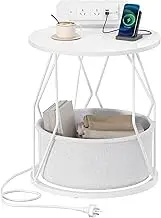 Hzuaneri Side Table with Charging Station, Round End Table with Storage Basket, Small Nightstand, Bedside Table, for Living Room, Bedroom, White ET55003WAU