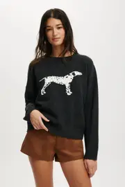 [Cotton On Women] Cotton On Women - Intarsia Knit Pullover - Dark charcoal marle dalmation S DARK CHARCOAL MARLE DALMATION
