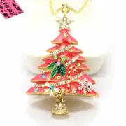 Betsey Johnson Pink Christmas Tree Crystal Pendant Necklace purple velvet bag