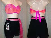 NWT Lot 3pc Pink Strapless Sequin Padded Top Blk HiRise Shorts Scarf-Belt M/L