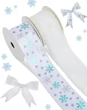 Pineraap 2 Rolls Snowflake Christmas Ribbon, 1.5" x 10 Yards White Decorative Ribbon for Christmas Tree, Glitter Winter Ribbon for Bows Making, Wreaths, Gift Wrapping, Home Decor, DIY Crafts (White)