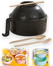 6 Piece Set 32oz Ramen Bowl Set, Microwave Ramen Bowl, Microwave Ramen Cooker, Ramen Noodles Bowl, Ramen Bowl Set with Lid and Handle, with Chopsticks, Spoon and Fork (Black)