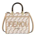 【FENDI 芬迪】FENDI SUNSHINE皮革字母LOGO緹花布拼接小牛皮磁釦式手提/斜背托特包(小/米X白X多色)