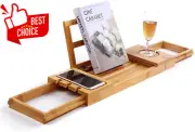 Bamboo Bathtub Tray Caddy Extending Arms Bath Organizer Holds Books Tablet Phone