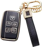 CACARLIKE for Land Rover Key Fob Cover with Leather Lanyard, Car Key Fob Case Compatible with Range Rover Evoque Sport Velar Land Rover Discovery LR4 a9 Jaguar F-Pace Smart Key Protector Holder