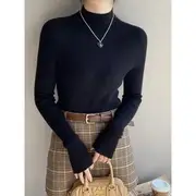 Long Sleeve Mock Neck Plain Ribbed Knit Top Black - One Size