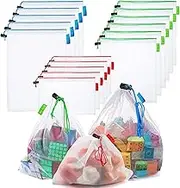 16 Pcs Mesh Small Toy Bags for Storage, 3 Sizes Reusable Mesh Drawstring Produce Bags Puzzle Bag for Kids Storage Playroom Organization, Fruits, Vegetable