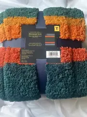 NEW Pendleton Sherpa Fleece Twin Size Blanket Evergreen Stripe Blue Green Orange